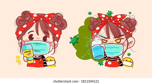 Woman spraying alcohol and hand sanitizer gel for protection coronavirus on quarantine background with epidemic prevention.