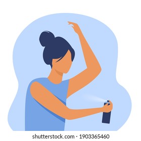 Woman spraying deodorant on armpit. Fragrance, odor, cosmetic protection. Flat vector illustration. Hygiene, self care, routine concept for banner, website design or landing web page