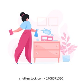 Woman spraying disinfection chemical on surfaces and wiping everything to prevent virus transmission taking care of health isolated. Flat vector illustration. Coronavirus 2019-nCoV prevention