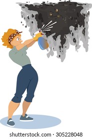 Woman spraying a mold monster on the wall from the spray bottle, removing the fungus infestation, vector illustration, EPS 8, no transparencies