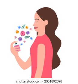 Woman spraying perfume with flora scent in flat design on white background. Female using body perfume.