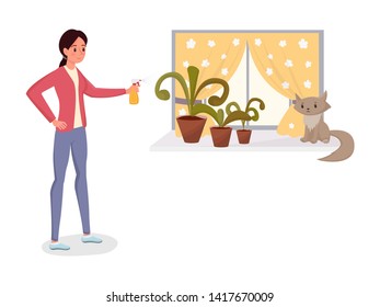 Woman spraying potted flowers flat character. Young girl watering, sprinkling foliage plants, doing house work vector isolated illustration. Houseplants nursery and care, household chores