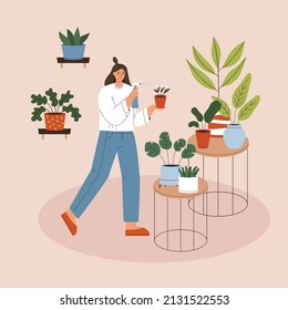 Woman spraying potted plant. Concept of growing and caring house plants, urban jungle. Gardener takes care of the home garden. Flat vector illustration.