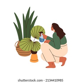 Woman spraying water near potted home plants. Person caring about houseplants, humidifying air, green leaves growing in planters, baskets. Flat vector illustration isolated on white background