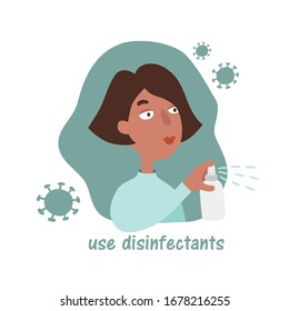 A woman sprays a disinfectant or antiseptic.Quarantine Precautions During Coronavirus (2019-ncov or covid-19). Illustration in cartoon style isolated on white background.