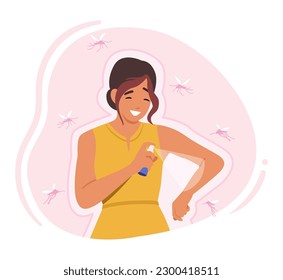 Woman Sprays Mosquito Repellent To Ward Off Insects, Keeping Them Safe From Bites And Potential Diseases. Satisfied Female Character Protected from Pests Outdoors. Cartoon People Vector Illustration