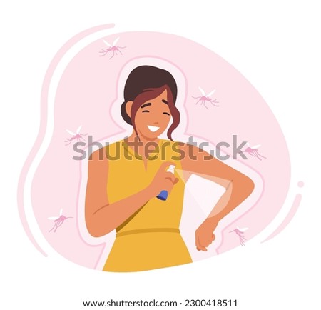 Woman Sprays Mosquito Repellent To Ward Off Insects, Keeping Them Safe From Bites And Potential Diseases. Satisfied Female Character Protected from Pests Outdoors. Cartoon People Vector Illustration