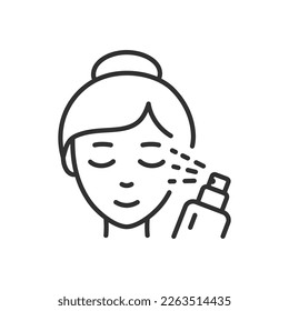 Woman sprays a spray on her face, linear icon. Line with editable stroke