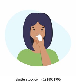 A woman sprays a spray for a runny nose. Treatment of diseases of the nose. Vector illustration on the topic of viral infections.