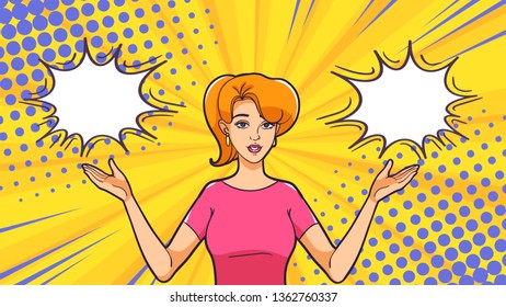 The woman spread her arms to the side. Pop art poster. A good-natured woman points at something with her hands. Open hand. Satisfied with the result.