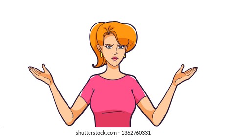 A woman spread her arms to the sides on white background. Unwitting facial expression. A woman is not happy with the result.