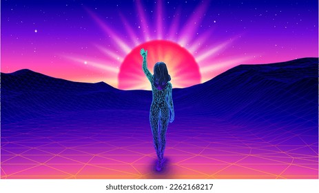 Woman spreading arms and welcoming the sun in futuristic synthwave or vaporwave landscape. 80s styled retro gaming cover with human in digital world.