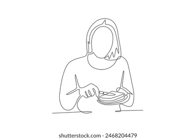 Woman spreading jam on bread. Eating breakfast concept one-line drawing