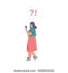 Mujer Difundiendo Información Cuestionable Usando Smartphone, Noticias Falsas, Ilustración Del Vector De Caricaturas De Desinformación