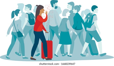 woman spreading viral infection in public place. COVID-19 2019-ncov worldwide pandemic concept flat vector illustration