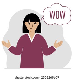 The woman spreads his arms out to the side. Next to the bubble with the text of the Second World War. Vector flat illustration