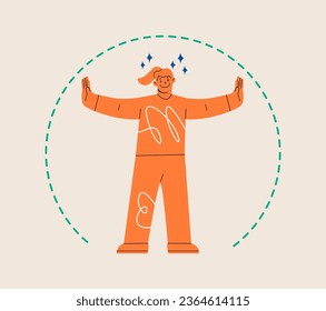 Woman spreads his arms wide and marks boundaries of his space. Personal boundaries concept. Colorful vector illustration
