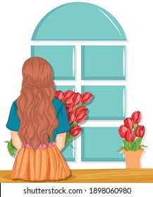 Woman with Spring Flower bouquet. Mother's Day. Springtime