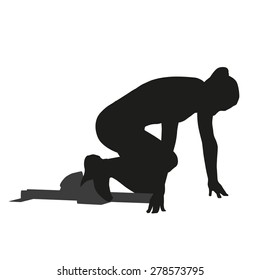 Woman Sprinter Leaps From Starting Block. Vector Silhouette