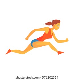Woman Sprinting On Short Distance, Female Sportsman Running The Track In Red Top And Blue Short In Racing Competition Illustration