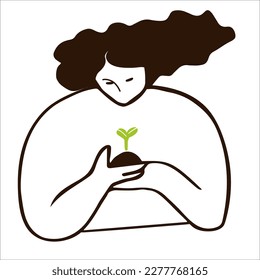 Woman with sprout. Gardening love, nature care, seedling concept. Flat minimal outline vector illustration isolated on white. Happy Earth day greeting card template. 