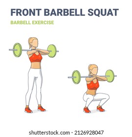 Woman Squats With Barbell Home Workout Guidance. Girl Doing Front Barbell Squat Exercise.