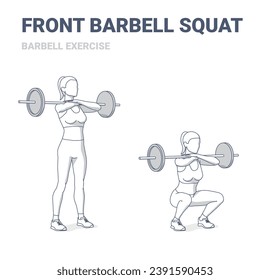 Woman Squats with Barbell Home Workout Guidance. Girl doing Front Barbell Squat Exercise.