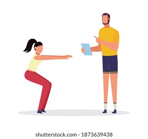 Woman squats under supervision of personal trainer, flat vector illustration isolated on white background. Individual sport coaching and professional workout planning.