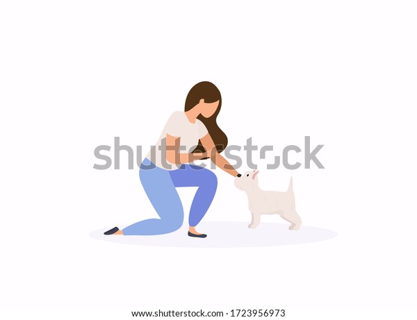 女はしゃがみ込んで犬を抱きしめる フラットスタイルのカラフルなベクターイラスト のベクター画像素材 ロイヤリティフリー