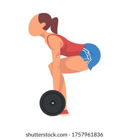 Woman Squatting with Barbell, Girl Doing Sports Firming her Body, Buttock Workout Vector Illustration on White Background