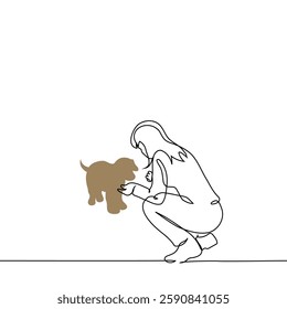 woman squatting with hands outstretched to dog - one line art vector. concept getting to know pet, animal adoption. Handmade vector not AI