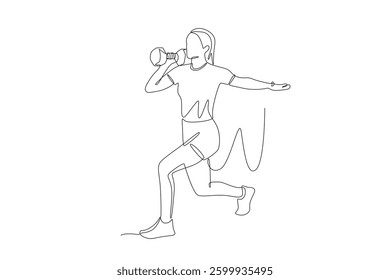 Woman squatting holding dumbbells. Fitness concept one-line drawing