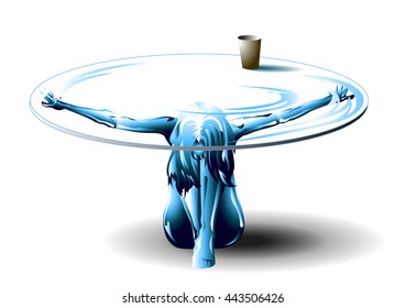 woman, squatting, lifting his hands, holding a glass table on a light background
