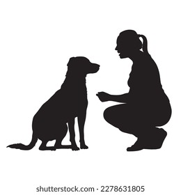 Woman squatting near labrador retriever dog vector silhouette.