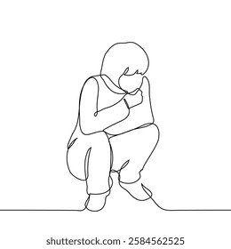 woman squatting thoughtfully resting her chin on her hand - one line art vector. Handmade vector not AI