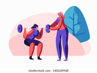 Woman Squatting with Weight in Gym, Female Coach Character Helping in Training. Girl in Sportswear Workout, Prepare for Competition, Exercise, Sport Activity Lifestyle Cartoon Flat Vector Illustration