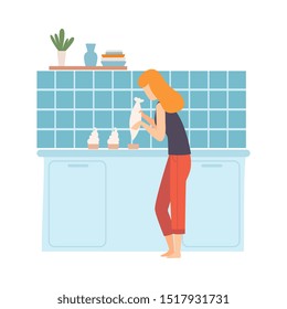 Woman squeezes cream on a cake. Vector illustration.