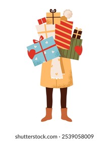 A woman with a stack of gifts in her hands. Holiday character with wrapped surprise boxes. Flat illustration.