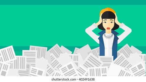 Woman in stack of newspapers.