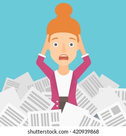 Woman in stack of newspapers.