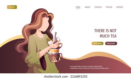 Woman with stack of teacups. Tea shop, cafe-bar, tea lover, tea party, beverages concept. Vector illustration for poster, banner, website, menu, advertising. 