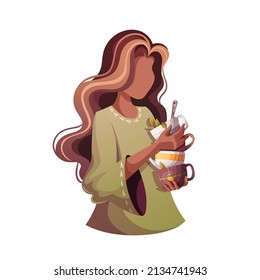 Woman with stack of teacups. Tea shop, cafe-bar, tea lover, tea party, beverages concept. Isolated Vector illustration for poster, banner, card, menu, advertising. 