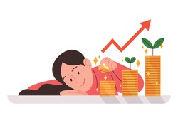 The Woman Is Stacking Coins. Investment Or Savings Concept Business Vector Illustration.