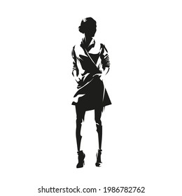 Woman stading in coat, female fashion model, isolated vector silhouette. Business woman, front view