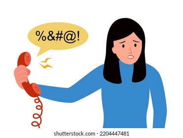 Woman Staff With Angry Customer Complaint Via Phone Call In Flat Design On White Background.