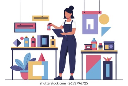 Woman Staff Member Inventorying Colorful Beauty Products in a Di