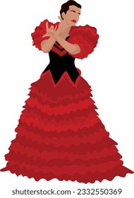 A woman in a stage red dress dancing