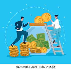 woman in stairs with jar with money and businessman running vector illustration design