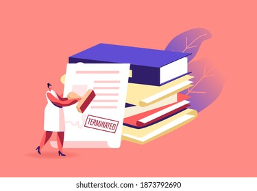 Woman with Stamp for Terminated Agreement, Tiny Female Character near Huge Contract Document and Folders Paper Sheets Pile. Crisis, Bankruptcy or Cancellation Concept. Cartoon Vector Illustration