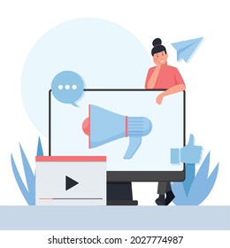 Woman stand in back of monitor with megaphone and video metaphor of public relation